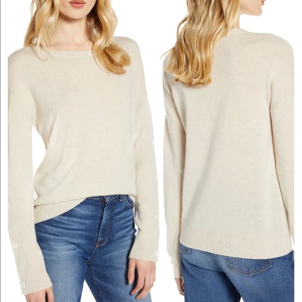 Halogen Wool & Cashmere Button Sleeve Sweater